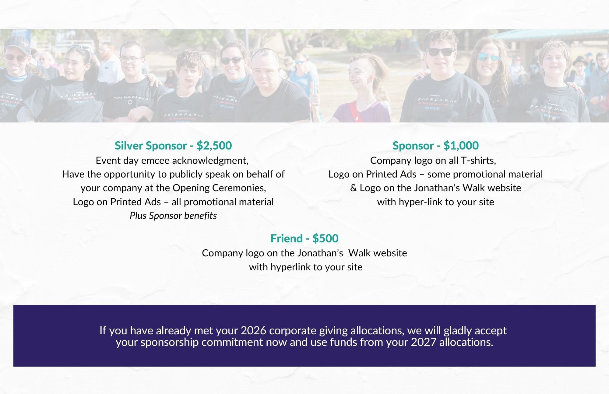 Jonathan's Walk 2027 sponsorship packet, page 9.